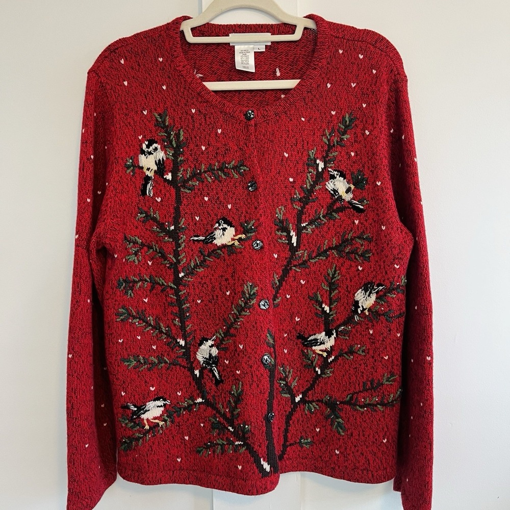 Vintage Coldwater Creek Red Granny Cardigan Embroidered Birds Beaded Size Large